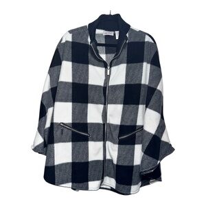 EUC LE MODA Black-and-White Buffalo Plaid Front-Zip‎ Poncho with Pockets
